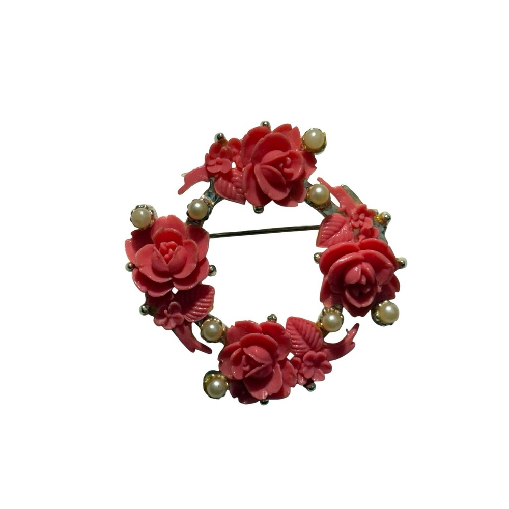 Vintage Gold Tone Pink Celluloid Roses Faux Pearl Floral Wreath Brooch Pin